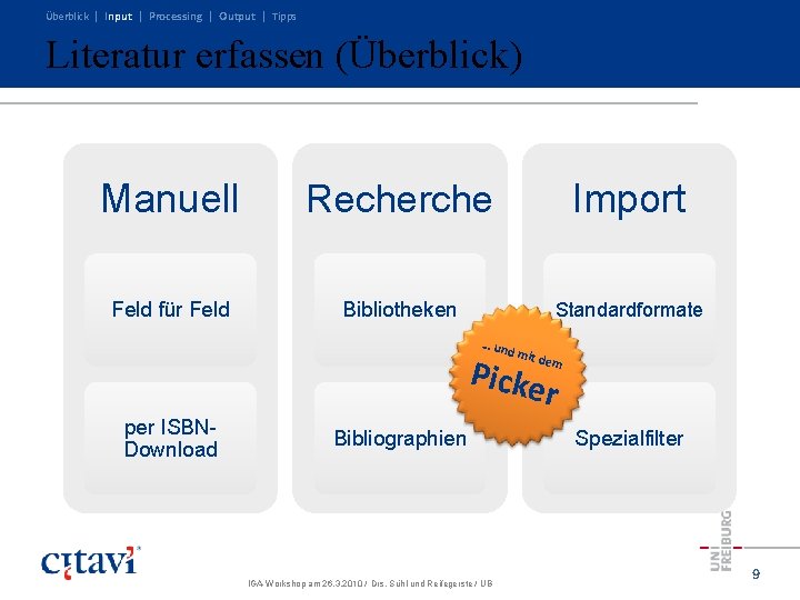 Überblick | Input | Processing | Output | Tipps Literatur erfassen (Überblick) Manuell Recherche Überblick | Input | Processing | Output | Tipps Literatur erfassen (Überblick) Manuell Recherche