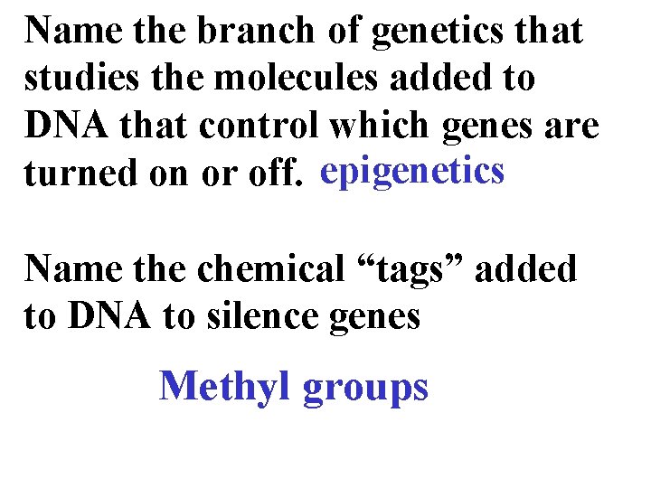 Name the branch of genetics that studies the molecules added to DNA that control