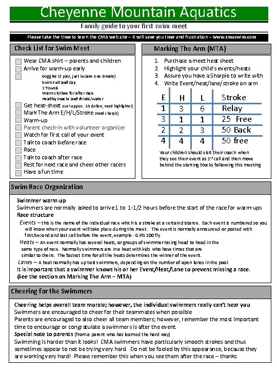 Cheyenne Mountain Aquatics Family guide to your first swim meet Please take the time