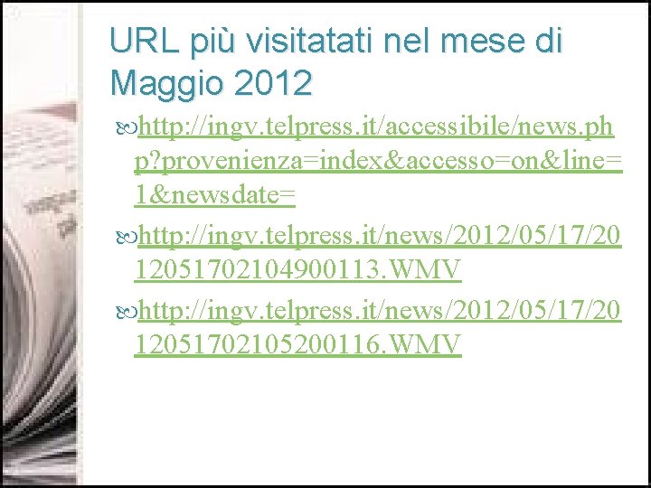 URL più visitatati nel mese di Maggio 2012 http: //ingv. telpress. it/accessibile/news. ph p?