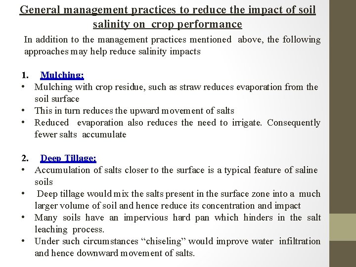 General management practices to reduce the impact of soil salinity on crop performance In