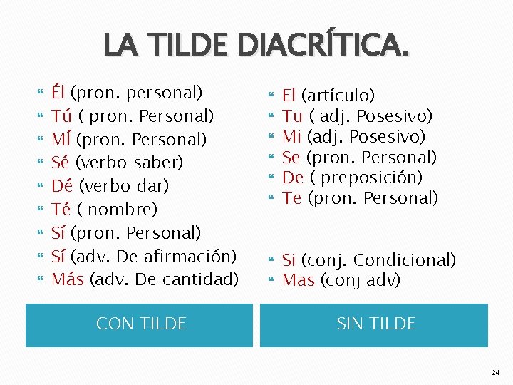 LA TILDE DIACRÍTICA. Él (pron. personal) Tú ( pron. Personal) MÍ (pron. Personal) Sé