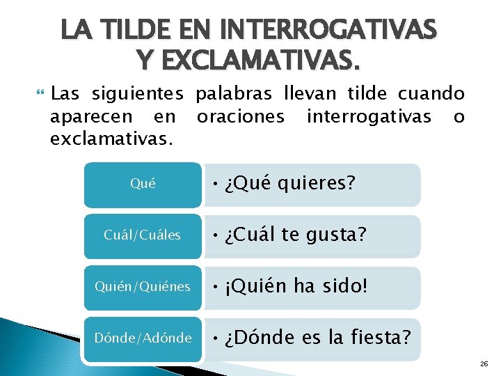 LA TILDE EN INTERROGATIVAS Y EXCLAMATIVAS. Las siguientes palabras llevan tilde cuando aparecen en