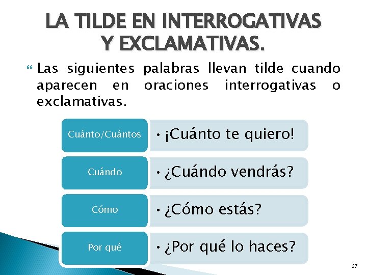 LA TILDE EN INTERROGATIVAS Y EXCLAMATIVAS. Las siguientes palabras llevan tilde cuando aparecen en