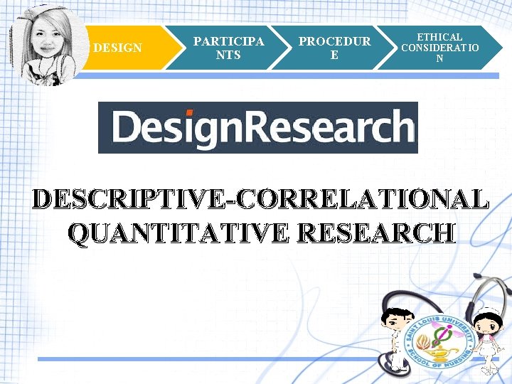 DESIGN PARTICIPA NTS PROCEDUR E ETHICAL CONSIDERATIO N DESCRIPTIVE-CORRELATIONAL QUANTITATIVE RESEARCH 