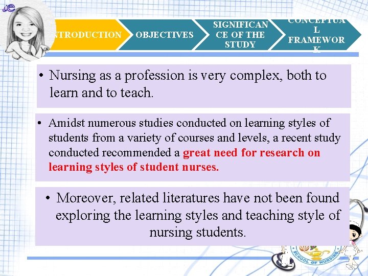 INTRODUCTION OBJECTIVES SIGNIFICAN CE OF THE STUDY CONCEPTUA L FRAMEWOR K • Nursing as