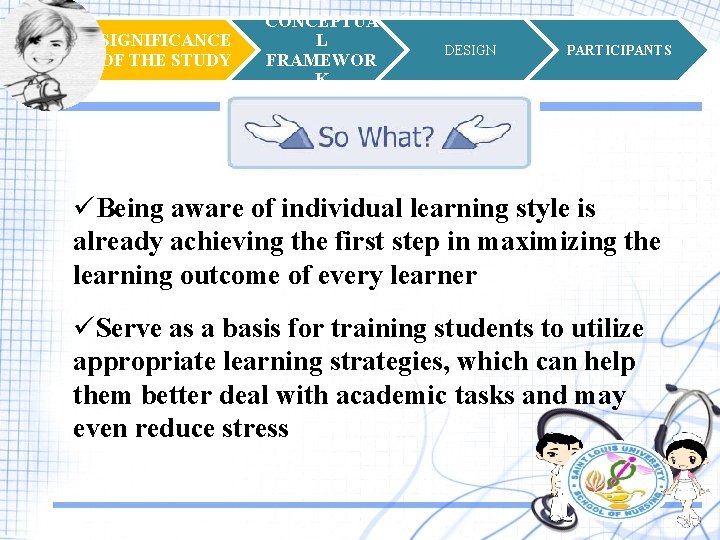 SIGNIFICANCE OF THE STUDY CONCEPTUA L FRAMEWOR K DESIGN PARTICIPANTS üBeing aware of individual