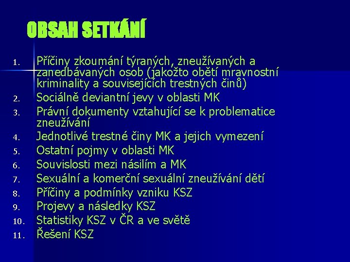 OBSAH SETKÁNÍ 1. 2. 3. 4. 5. 6. 7. 8. 9. 10. 11. Příčiny