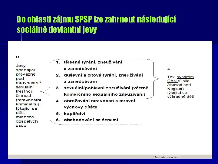 Do oblasti zájmu SPSP lze zahrnout následující sociálně deviantní jevy 