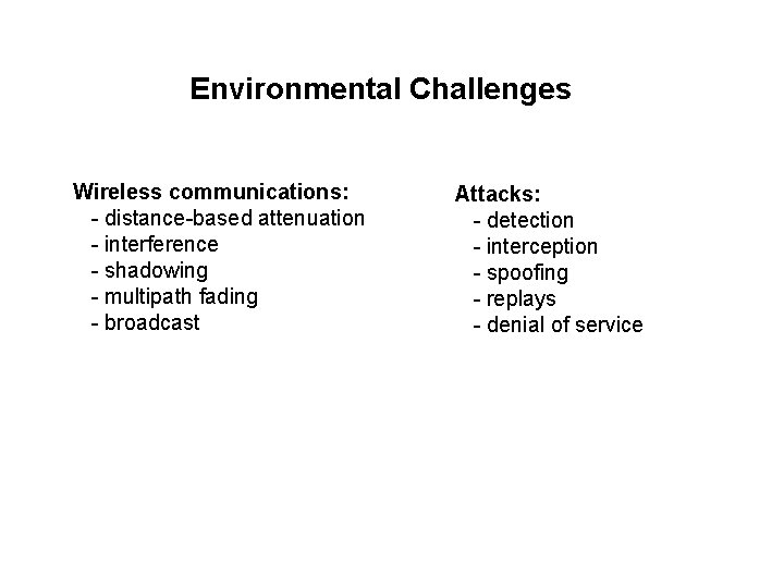 Environmental Challenges Wireless communications: - distance-based attenuation - interference - shadowing - multipath fading