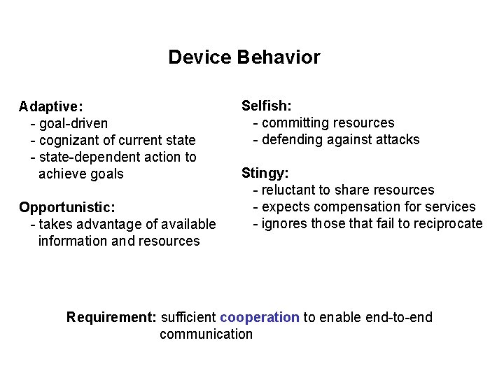 Device Behavior Adaptive: - goal-driven - cognizant of current state - state-dependent action to