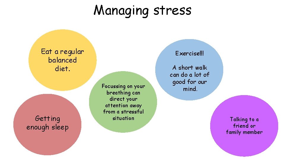 Managing stress Eat a regular balanced diet. Getting enough sleep Exercise!!! Focussing on your