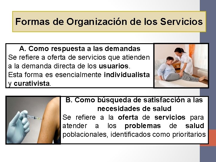 Formas de Organización de los Servicios A. Como respuesta a las demandas Se refiere