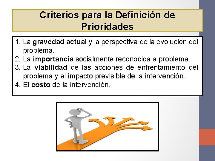 Criterios para la Definición de Prioridades 1. La gravedad actual y la perspectiva de