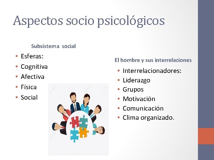 Aspectos socio psicológicos Subsistema social • • • Esferas: Cognitiva Afectiva Física Social El