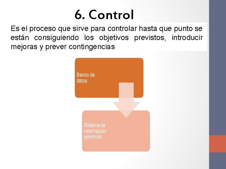 6. Control Es el proceso que sirve para controlar hasta que punto se están