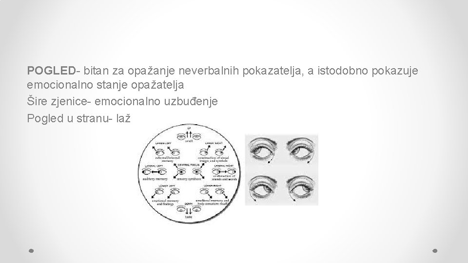 POGLED- bitan za opažanje neverbalnih pokazatelja, a istodobno pokazuje emocionalno stanje opažatelja Šire zjenice-