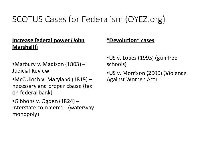 SCOTUS Cases for Federalism (OYEZ. org) Increase federal power (John Marshall!) • Marbury v.