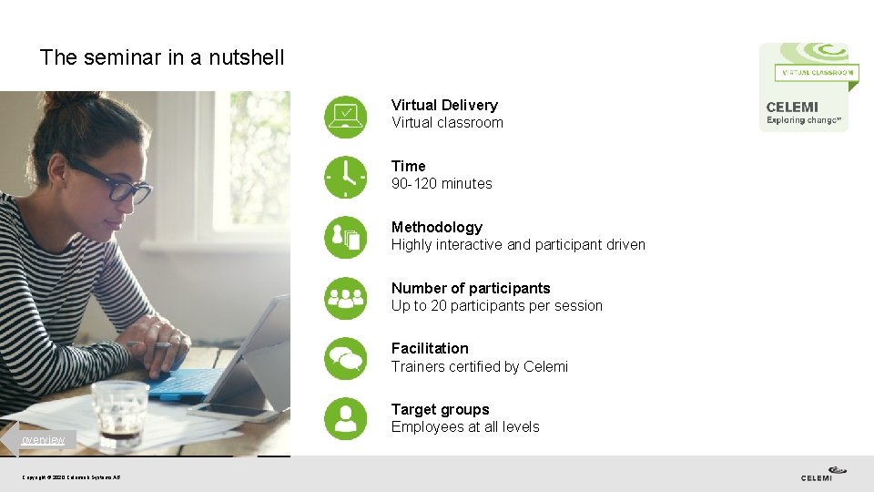 The seminar in a nutshell Virtual Delivery Virtual classroom Time 90 -120 minutes Methodology