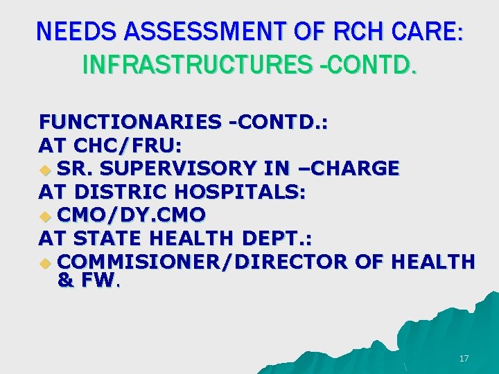 NEEDS ASSESSMENT OF RCH CARE: INFRASTRUCTURES -CONTD. FUNCTIONARIES -CONTD. : AT CHC/FRU: u SR.