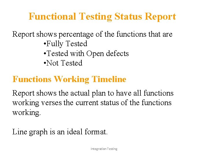 Functional Testing Status Report shows percentage of the functions that are • Fully Tested
