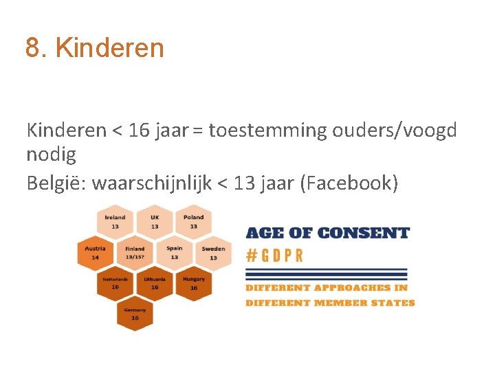 8. Kinderen < 16 jaar = toestemming ouders/voogd nodig België: waarschijnlijk < 13 jaar