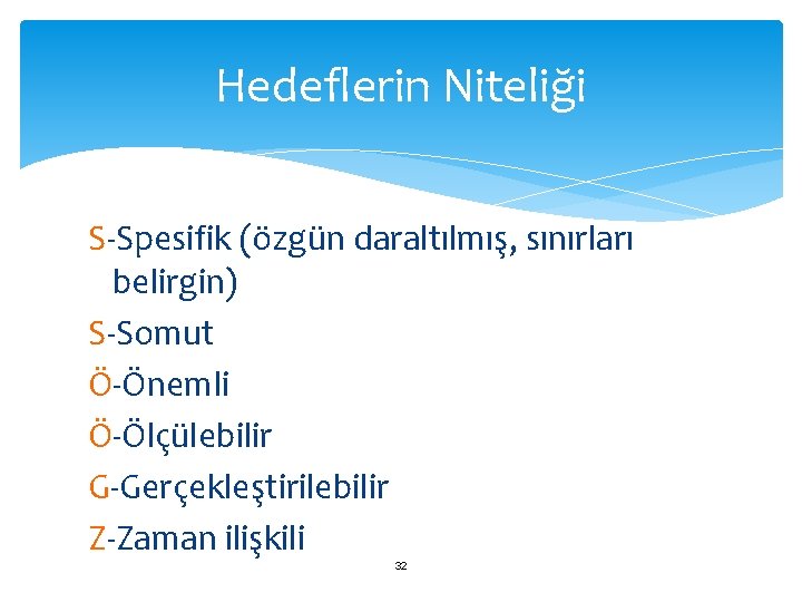 Hedeflerin Niteliği S-Spesifik (özgün daraltılmış, sınırları belirgin) S-Somut Ö-Önemli Ö-Ölçülebilir G-Gerçekleştirilebilir Z-Zaman ilişkili 32