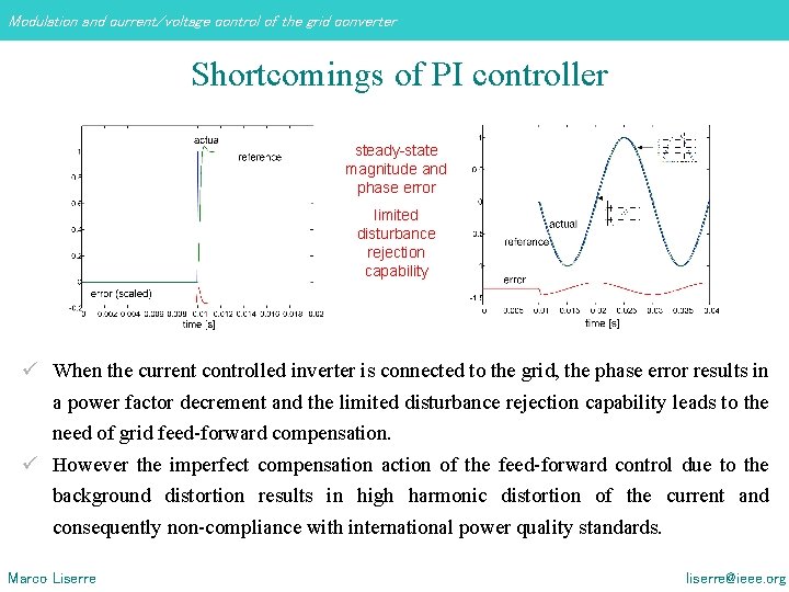 Modulation and current/voltage control of the grid converter Shortcomings of PI controller steady-state magnitude Modulation and current/voltage control of the grid converter Shortcomings of PI controller steady-state magnitude