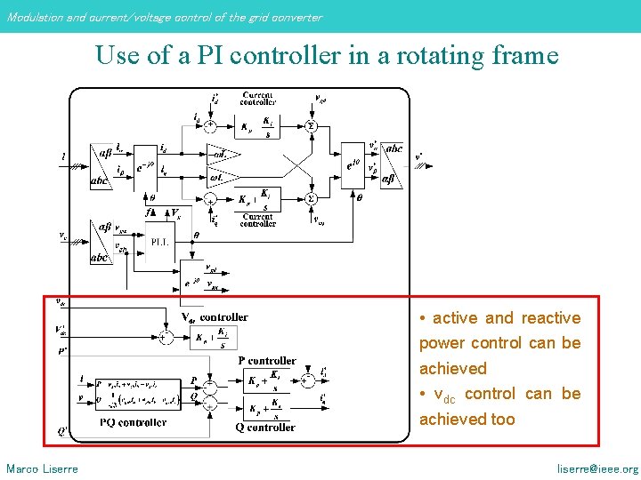 Modulation and current/voltage control of the grid converter Use of a PI controller in Modulation and current/voltage control of the grid converter Use of a PI controller in