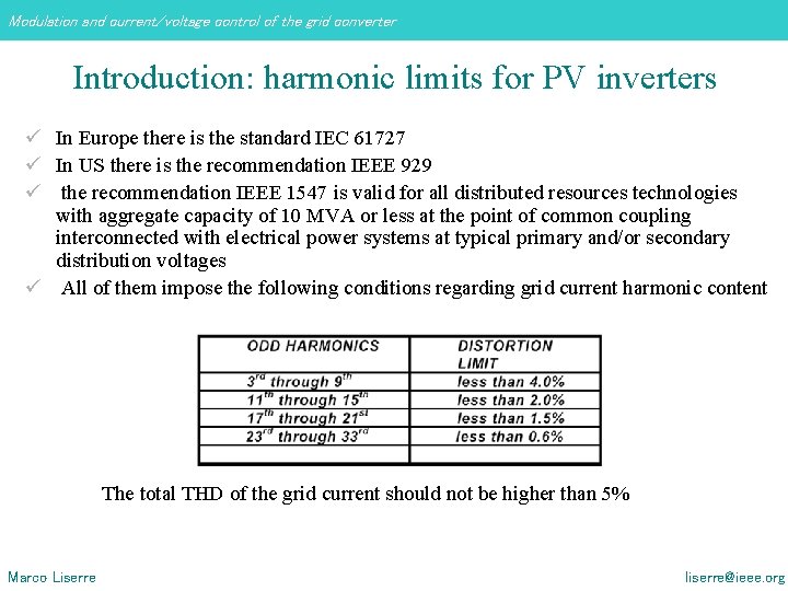 Modulation and current/voltage control of the grid converter Introduction: harmonic limits for PV inverters Modulation and current/voltage control of the grid converter Introduction: harmonic limits for PV inverters