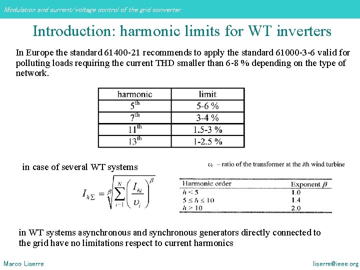 Modulation and current/voltage control of the grid converter Introduction: harmonic limits for WT inverters Modulation and current/voltage control of the grid converter Introduction: harmonic limits for WT inverters
