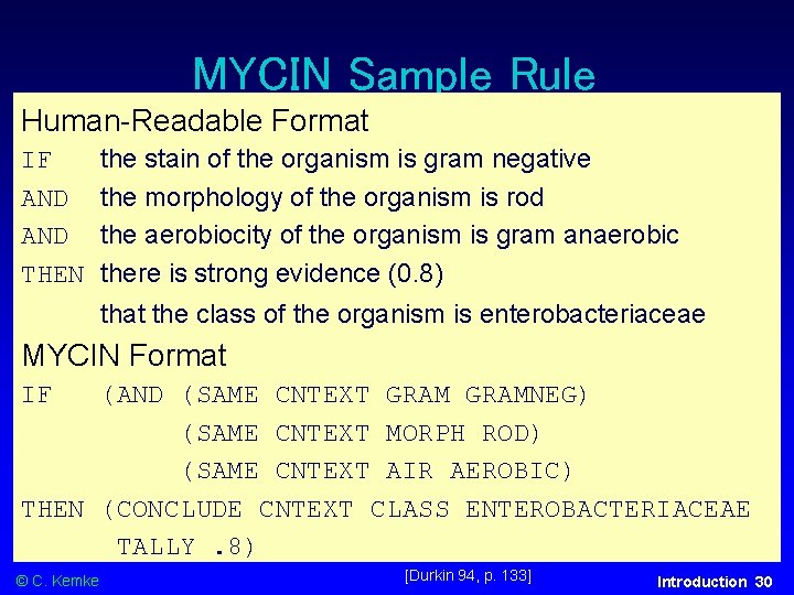 MYCIN Sample Rule Human-Readable Format IF AND THEN the stain of the organism is