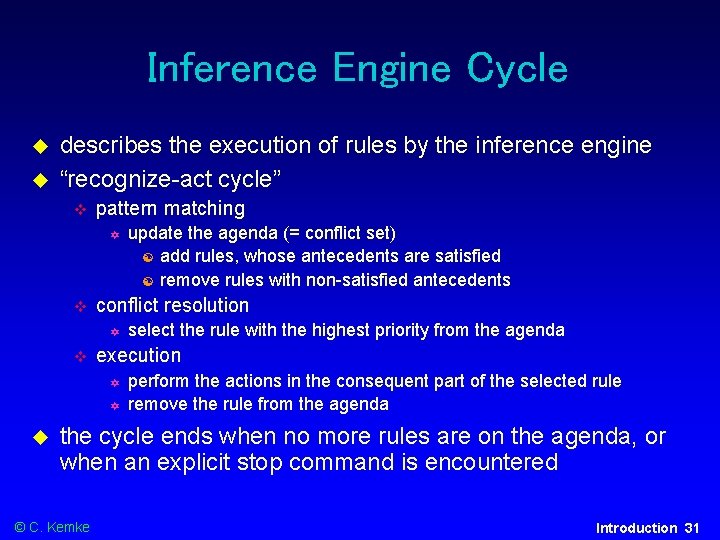 Inference Engine Cycle describes the execution of rules by the inference engine “recognize-act cycle”