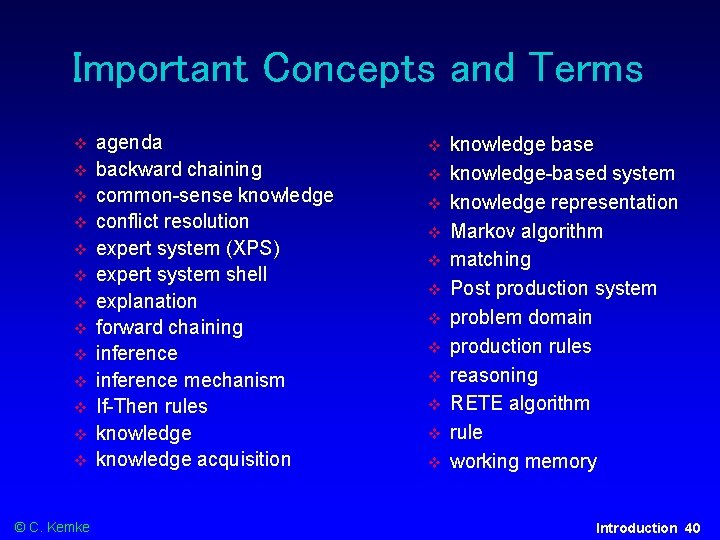 Important Concepts and Terms © C. Kemke agenda backward chaining common-sense knowledge conflict resolution