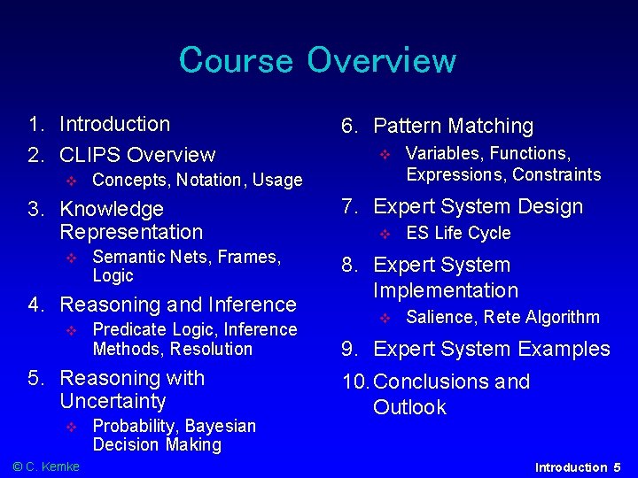 Course Overview 1. Introduction 2. CLIPS Overview Semantic Nets, Frames, Logic 4. Reasoning and