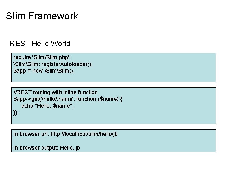 Slim Framework REST Hello World require 'Slim/Slim. php'; Slim: : register. Autoloader(); $app =