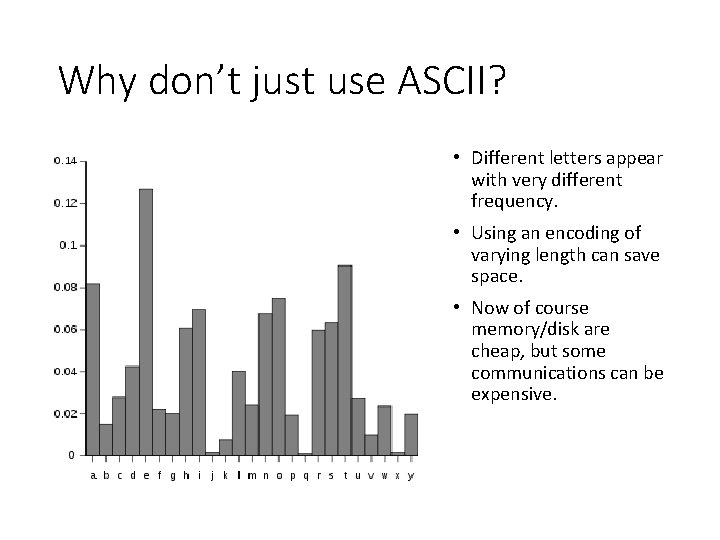 Why don’t just use ASCII? • Different letters appear with very different frequency. •