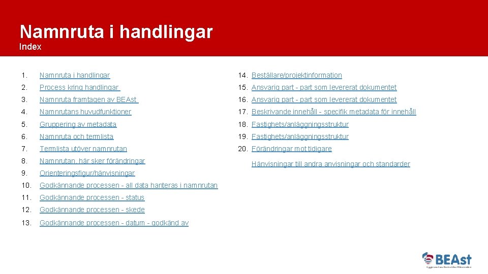 Namnruta i handlingar Index 1. Namnruta i handlingar 14. Beställare/projektinformation 2. Process kring handlingar