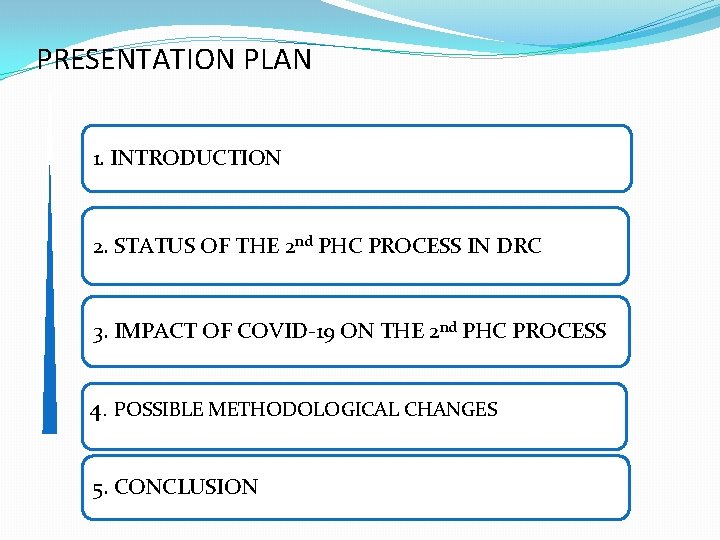 PRESENTATION PLAN 1. INTRODUCTION 2. STATUS OF THE 2 nd PHC PROCESS IN DRC