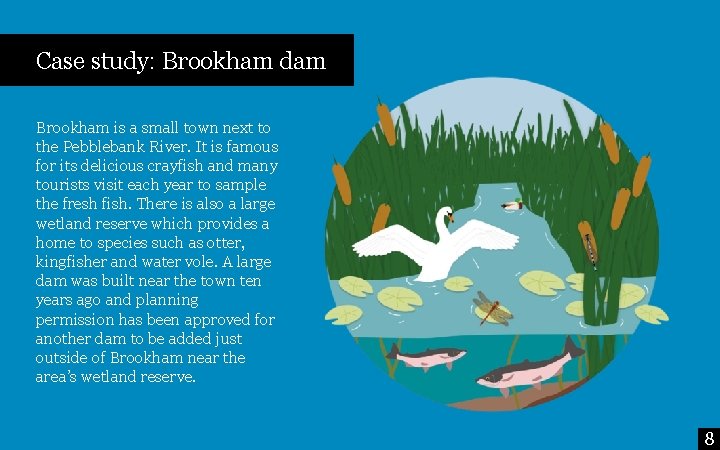 Case study: Brookham dam Brookham is a small town next to the Pebblebank River.