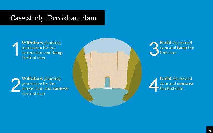 Case study: Brookham dam 1 Withdraw planning permission for the second dam and keep