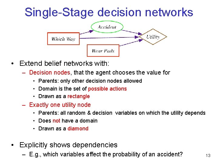 Single-Stage decision networks • Extend belief networks with: – Decision nodes, that the agent