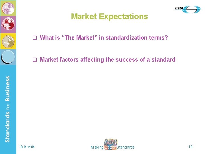 Market Expectations q What is “The Market” in standardization terms? q Market factors affecting