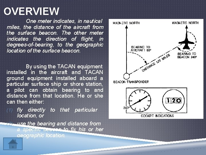 OVERVIEW One meter indicates, in nautical miles, the distance of the aircraft from the