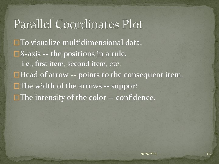 Parallel Coordinates Plot �To visualize multidimensional data. �X-axis -- the positions in a rule,