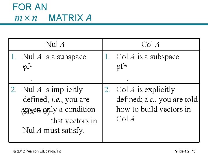 FOR AN MATRIX A Nul A Col A 1. Nul A is a subspace