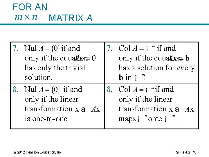 FOR AN MATRIX A 7. Nul if and only if the equation has only