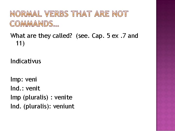 What are they called? (see. Cap. 5 ex. 7 and 11) Indicativus Imp: veni