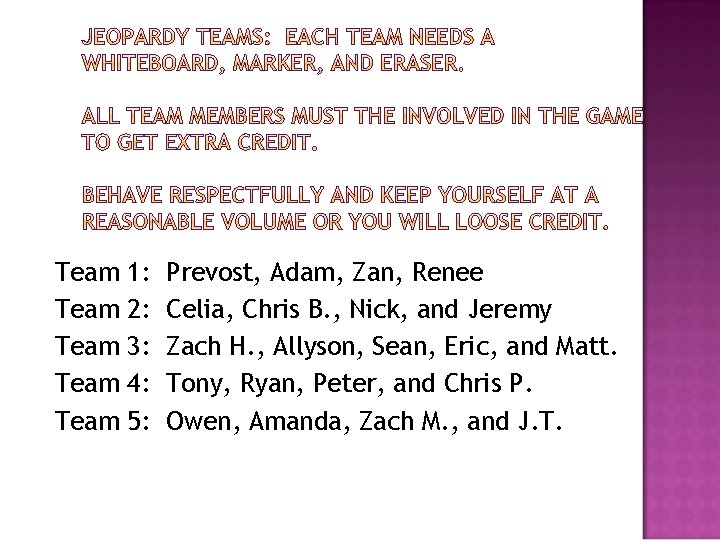 Team Team 1: 2: 3: 4: 5: Prevost, Adam, Zan, Renee Celia, Chris B.
