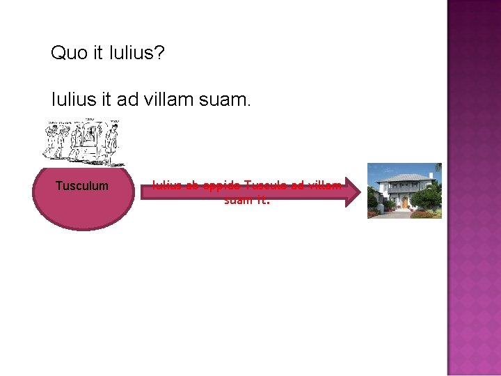 Quo it Iulius? Iulius it ad villam suam. Tusculum Iulius ab oppido Tusculo ad